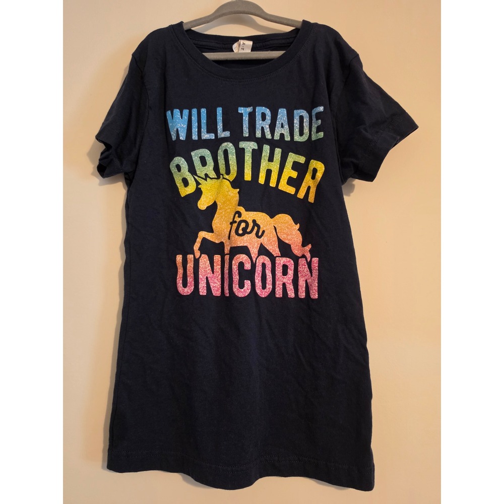L.A.T Apparel Graphic T Shirt Girls XL Navy Blue Cotton Unicorn Rainbow Glitter